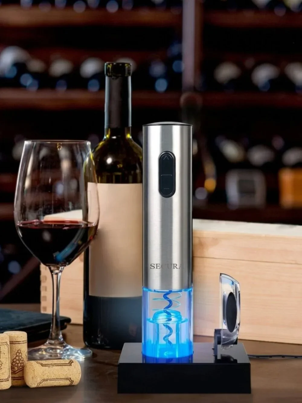 NWOT | Secura Stainless Steel Rechargeable Electric Wine Opener + Blue LED Light